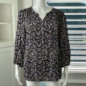 JESSICA Women's Navy Blue Yellow Purple Pattern 3/4 Sleeve Elastic Waist Top